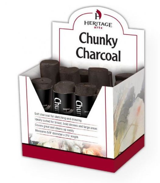 Heritage Arts CC12D Chunky Charcoal Display; Soft charcoal for sketching and drawing; Strong adhesion properties; suitable for various textured surfaces; Generous 0.625 diameter x 2.75 length stick size is ideal for broad, bold strokes and large areas; Granulates easily for impressive blending and coverage; 12/box; individually bagged; Size: 3.5