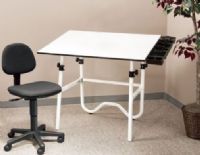 Alvin CC2001A3 Series CC Creative Center White or Black Base with Office Chair; Onyx Drawing Table White base with 30" x 42" white Melamine tabletop; Height adjusts from 29" to 44" in horizontal position; Angle adjusts from horizontal (0 degrees) to 45 degrees; UPC 88354809579 (CC2001A3 CC-2001A3 CC-2001-A3 ALVINCC2001A3 ALVIN-CC-2001A3 ALVIN-CC-2001-A3) 