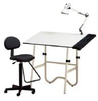 Alvin CC2001E Creative Center Drafting Combo, Includes Drafting Table Drafting Chair Swing Arm Lamp and Table Caddy; Onyx Table with white base with 30" x 42" white Melamine top; Height adjusts from 29” to 44” in horizontal position; Angle adjusts from 0° to 45°; Swing Arm Lamp 6 1/2" white metal shade; Takes 100W bulb, UPC 088354950608 (CC 2001E CC-2001E CC2001 CC-2001 CC 2001) 