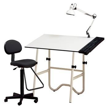 Alvin CC2001E Creative Center Drafting Combo, Includes Drafting Table Drafting Chair Swing Arm Lamp and Table Caddy; Onyx Table with white base with 30