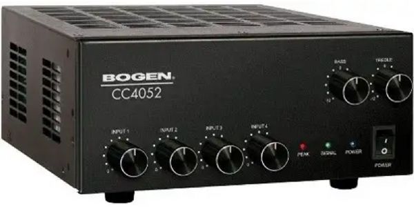 Bogen CC4052 Compact Mixer Amplifier; 40 Watts of output power; Multiple Inputs: 3 balanced MIC/Line, 1 unbalanced AUX, 1 TEL; Individual phantom power for MIC inputs; Select MOH source from Input 4 or Media Player; 2 levels of priority: TEL is 1st priority, Input 1 is 2nd priority; Audio-activated muting; Defeatable muting (Input 1); Bass and treble controls (CC-4052 CC 4052)
