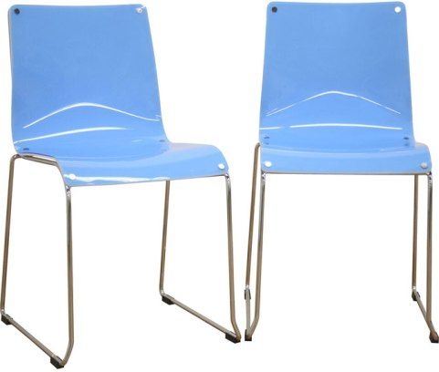 Wholesale Interiors CC-53B-BLUE Balisto Acrylic Dining Chairs Set of Two in Blue, Blue acrylic seat with white backing and glossy finish, Sleek steel frame and sleigh-like legs in chrome finish, Sturdy acrylic and metal construction ensures years of dependable use, Black plastic non-marking feet help protect sensitive flooring, Suitable for use as a dining chair or accent chair, Conveniently stackable for easy storage, UPC 878445008949 (CC53BBLUE CC-53B-BLUE CC 53B BLUE CC53B CC-53B CC 53B)