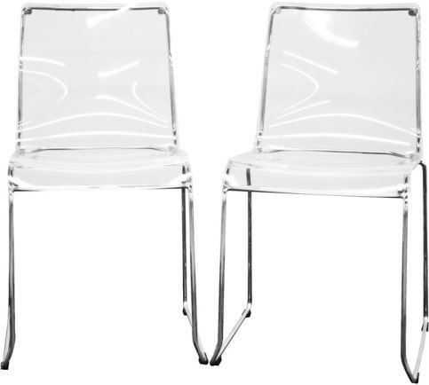 Wholesale Interiors CC-53-CLEAR Lino Transparent Clear Acrylic Dining Chair, Blue acrylic seat with white backing and glossy finish, Sleek steel frame and sleigh-like legs in chrome finish, Sturdy acrylic and metal construction ensures years of dependable use, Black plastic non-marking feet help protect sensitive flooring, Suitable for use as a dining chair or accent chair, Conveniently stackable for easy storage, 18.5