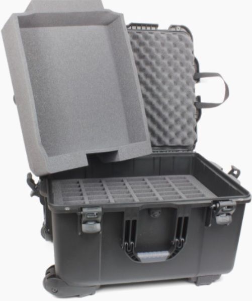 Williams Sound CCS 054 Large Heavy-Duty Carry Case with 60 Slot + Tray; Ideal for protecting and transporting large DigiWave, FM or IR systems; Lower foam insert with 60 slots and an open-bay style top insert; Slots can hold single PPA Transmitters or Receivers or can hold two Digiwave devices per slot; Extendable handle and bottom wheels for easy transport (WILLIAMSSOUNDCCS054 WILLIAMS SOUND CCS 054 ACCESSORIES CASES CLIPS)