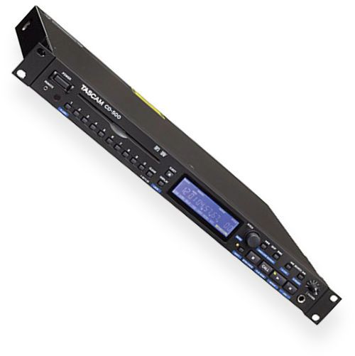 Tascam CD-500 Single-Rackspace CD Player, Slot-loading mechanism, RCA unbalanced output, Optical and Coaxial S/PDIF digital outputs, A/B and 99-track program play, Incremental play; Track elapsed, track remain, disc remain time display; Call function: return to last play start point; Intro check, Fade in/out (0 to 10 sec., in 0.5 sec. steps), UPC 043774026562 (CD500 CD 500)