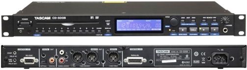 Tascam CD-500B Single-Rackspace CD Player, Slot-loading mechanism, RCA unbalanced output, XLR balanced output, Optical and Coaxial S/PDIF digital outputs, XLR AES/EBU output, A/B and 99-track program play, Incremental play; Track elapsed, track remain, disc remain time display; Call function: return to last play start point; Intro check, UPC 043774026579 (CD500B CD 500B CD-500)