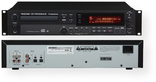 Tascam CD-RW900MKII CD Recorder / Player; Supported disc types: CD-R, CD-R-DA, CD-RW, CD-RW-DA (High Speed CD-RW is supported); Playback disc formats: CD-DA, CD-ROM ISO9660 LEVEL 1/2 Joliet format, multisession discs and CD-text; Analog in: RCA pin jack; Analog out: RCA pin jack; Coacial in: RCA pin jack; Optical in: TOS LINK; Coacial out: RCA pin jack; Optical out: TOS LINK; Phones Connector: 6.3mm(1/4
