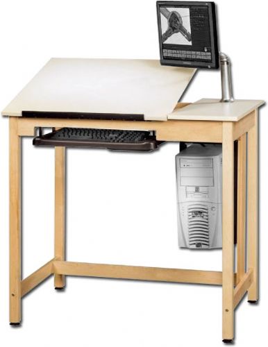 Shain CDTC-70 Deluxe Drawing Table System; Solid maple legs and apron; 13-gauge steel corner reinforcements; CPU tower holder included; Retractable keyboard and mouse tray included; Monitor arm included holds up to a 24