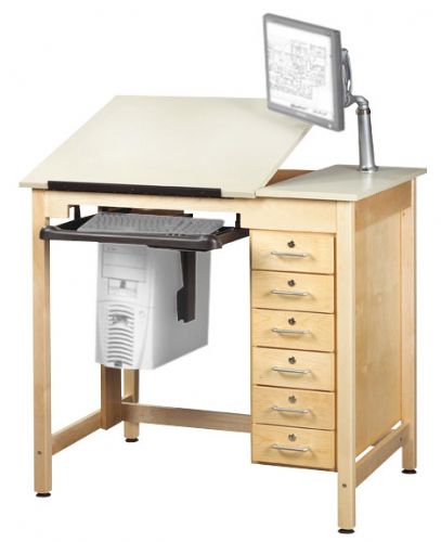 Shain CDTC-71 Deluxe Drawing Table System; Solid maple legs and apron; 13-gauge steel corner reinforcements; CPU tower holder included; Retractable keyboard and mouse tray included; Monitor arm included holds up to a 24