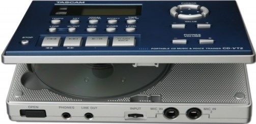 Tascam CD-VT2 Portable CD Vocal/Instrument Trainer; CD-DA/CD-R/CD-RW disc playback; 10 second anti-shock memory; Comprehensive 128 x 64 dot matrix LCD display with graphical user interface; Album title/Track title indication by CD-Text; Elapsed Time/Remain Time display with bar meter; +16 to -50% pitch control in 1% steps; UPC 043774022717 (CDVT2 CD VT2 CDV-T2 CDVT-2)