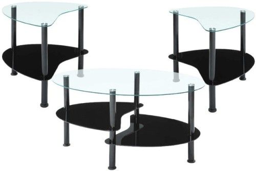InnovEx CE003G29 Crescent Coffee Table Set, Black; Set includes: (1) 3-tier coffee table and (2) 2-tier end tables, 6mm top clear glass and 5mm UV coated bottom glass, Commercial grade steel tubes to ensure stability and durability, Scratch resistant epoxy powder coating, No tools required to assemble set, Coffee Table 39.4