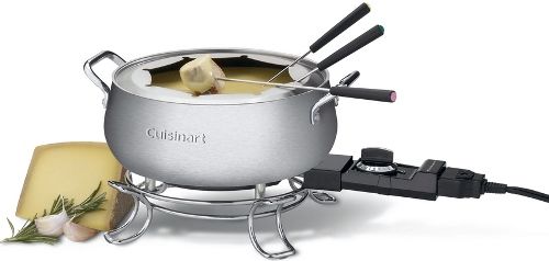 Cuisinart CFO-3SS Electric Fondue Pot, 3-quart capacity, Dishwasher-safe fondue pot, 1000 watts of power, Nonstick interior, Adjustable temperature probe with eight settings, Eight fondue forks, Stainless steel fork ring, Instruction/Recipe book, BPA Free, Dimensions 6.12