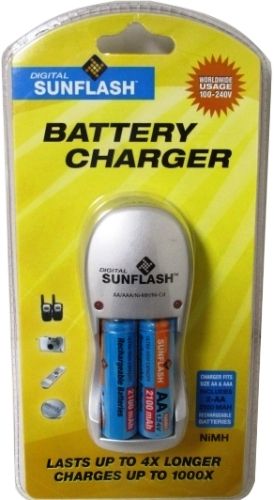 Digital Sunflash CH-1100 Battery Charger, Lasts up to 4x Longer, Charges up to 1000x, Recharges 2 or 4 pieces high capacity AA or AAA Ni-Mh batteries at a time, Foldable Wall Plug-in, Universal voltage 100-240volts, Includes 2 AA Ni-MH Rechargeable Batteries 2100mAh (CH1100 CH 1100)