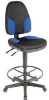 Alvin CH555-85DH Black and Blue High Back Drafting Height Monarch Chair with Leather Accents; Black with blue highlights; High backrest provides solid orthopedic spine support and full-size upholstered seat is contoured for added comfort; Features include pneumatic height control, polypropylene seat and back shells; UPC 88354947585 (CH55585DH CH-55585DH CH-55585-DHBLACK ALVINCH55585-DH ALVIN-CH55585DH-BLACK ALVIN-CH-55585-DH) 