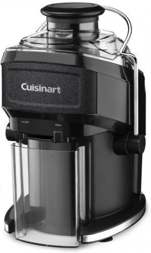 Cuisinart CJE-500 Compact Juice Extractor; Powerful, easy and quiet operation; One-touch operation of on/off push button with blue; LED makes juicer easy to use; Juice Pitcher holds up to 16 ounces of juice, and can be replaced for uninterrupted juicing; Pulp container collects up to 40 ounces and is removable for easy cleaning; Food Pusher fits securely into feed tube to guide fruits and vegetables properly while juicing; Weight 9.9 pounds; UPC 086279050625 (CJE500 CJE500)