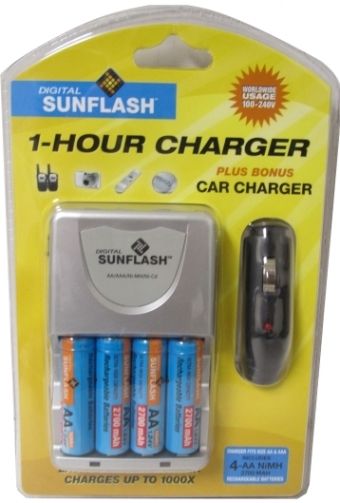 Digital Sunflash CK-1400 One-Hour Battery Charger, Lasts up to 4x Longer, Charges up to 1000x, Recharges 2 or 4 pieces high capacity AA or AAA Ni-Mh batteries at a time, Powered by the supplied switching mode AC adaptor when using indoors or by the supplied DC car adapter when using in the vehicle, Universal voltage 100-240volts, Includes 4 AA Ni-MH Rechargeable Batteries 2700mAh (CK1400 CK 1400)