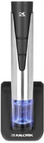 Kalorik CKS 40792 2-in-1 Stainless Steel Wine Opener and Preserver; High-tech, rechargeable, cordless 2 in 1 electric wine opener and preserver (one function on each end of the unit); The cork is automatically pulled out and released, can open 30 bottles when fully charged and vacuuum 50 bottles; Can open all type of wine bottles; With a charging base and a foil cutter + 2 wine bottle stoppers, all stored in the base; Dimensions: 3.8 x 6.5 x 12.2; UPC 848052002661 (CKS40792 CKS 40792) 
