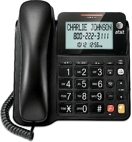 AT&T CL2940BK Corded Speakerphone with Large Tilt Display, Black, Line power mode, Display dial, Mute, Last number redial, Flash, Receiver volume control, Ringer volume control, Table- and wall-mountable, Hearing aid compatible, English/Spanish/French setup menu, Clearspeak dial-in-base speakerphone, Speakerphone volume control, UPC 650530024061 (CL-2940BK CL 2940BK CL2940B CL2940)