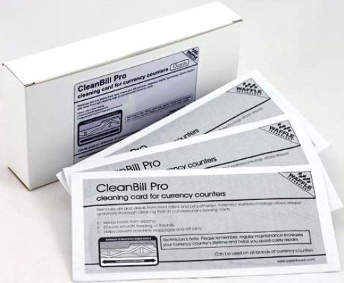 Cassida CleanBill Pro Cleaning Card for Currency Counters, Box of ten individually packaged cards, Cleaning solvent Proprietary non-IPA, Removes dirt and debris from feed rollers and bill pathway, Patented Waffle Technology allows deeper and more thorough cleaning than in conventional cleaning cards (CLEANBILLPRO CLEAN-BILL-PRO CLEAN-BILL CLEAN BILL)