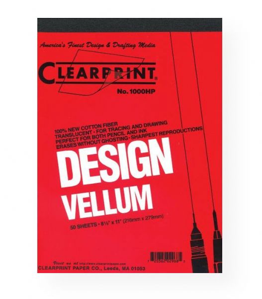 Clearprint 10001410 1000HP Series 8.5 x 11 Unprinted Vellum Design and Sketch 50-Sheet Pad; This 100% new cotton fiber media is transparentized without solvents to produce the proper translucency, as well as the legendary Clearprint archival quality, strength, erasability (with no ghosting) and redraw characteristics; Good for pencil or ink; In unprinted and printed fade-out blue grids; 16 lbs; UPC 720362029685 (CLEARPRINT10001410 CLEARPRINT-10001410 1000HP-SERIES-10001410 DRAWING TRACING PAPER)