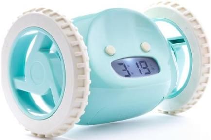 Nanda CLKYA model Clocky Mobile Alarm Clock, Set your snooze time, 0-9 minutes, Snooze once before he runs away, Choose 0 and he runs right away, Can jump from up to 3 feet, Moves on wood and carpet, Press snooze to view time at night, Aqua Color (CLKYA Clocky Aqua) 