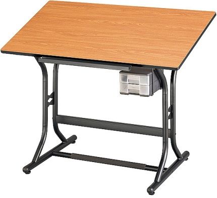 Alvin CM30-3-WBR CrafMaster Jr. Art, Drawing and Hobby Table, Black base, 24 x 40 Cherry Woodgrain Top Board with rounded corners, 31 fixed height, 2 supply drawers each 7w x 10d x 2h, One-hand tilt top, Footrest crossbar with rubber tread and 30