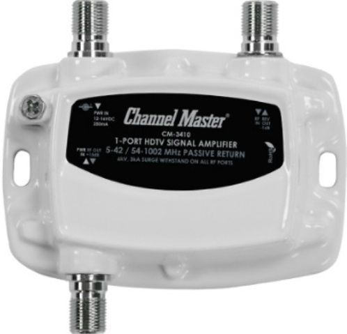 Channel Master CM3410  One Port Mini Distribution Amplifier, 54 to 1002 MHz Forward frequency range, 5 to 42 MHz Return path frequency range, 15dB Gain, 2dB Noise figure typically less than, 25 dBmV Max output level, 10 dBmV Max input level, -1.0 dB Passive return, -40 C to +60 C Operating temperature, F-type Connector, Single output port, Excellent surge withstand capability, Offers return path for cable modem applications, UPC 020572034104 (CM3410 CM-3410 CM 3410)