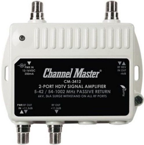 Channel Master CM-3412 Ultra Mini 2 Two-Port HDTV Signal Amplifier, Forward frequency range 54 to 1002 MHz, Return path frequency range 5 to 42 MHz, Gain 11.5dB, Noise figure typically less than 2dB, Isolation 24 dB, Max output level 21.5 dBmV, Passive return -4.6 dB, Two output ports, Professional grade performance, UPC 020572034128 (CM3412 CM 3412)