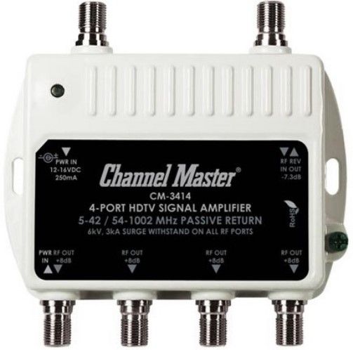 Channel Master CM-3414 Ultra Mini 4 Four Port HDTV Distribution Amplifier, Forward frequency range 54 to 1002 MHz, Return path frequency range 5 to 42 MHz, Gain 8 dB, Noise figure typically less than 2dB, Isolation 24 dB, Max output level 18 dBmV, Passive return -8 dB, Two output ports, Professional grade performance, UPC 020572034142 (CM3414 CM 3414)