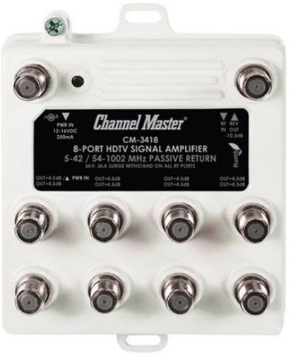 Channel Master CM3418 Ultra Mini 8 Port HDTV Signal Amplifier, Forward frequency range 54 to 1002 MHz, Return path frequency range 5 to 42 MHz, Gain 4dB, Noise figure typically less than 2dB, Isolation 24 dB, Max output level 14 dBmV, Passive return -11.5 dB, Two output ports, Professional grade performance, UPC 020572034180 (CM3418 CM 3418)