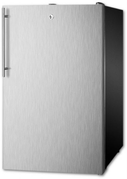 Summit CM421BLSSHV Freestanding Compact Refrigerator 20 With 4.1 Cu. Ft. Capacity, 2 Glass Shelves, Right Hinge, With Door Lock, Crisper Drawer, Manual Defrost, Factory Installed Lock, CFC Free In Stainless Steel; Full 4.1 cu.ft. capacity inside conveniently slim footprint; Durable 304 grade wrapping; UPC 761101006451 (SUMMITCM421BLSSHV SUMMIT CM421BLSSHV SUMMIT-CM421BLSSHV)