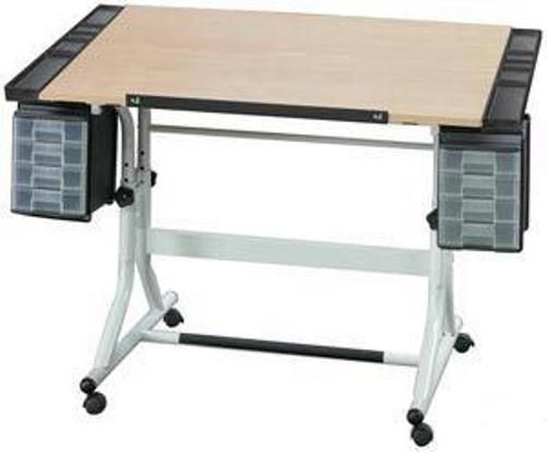 Alvin CM48-4-WB CraftMaster II Creative Center Hobby Station Craft Table, White Base 28 x 40 inch, Maple Melamine Top, with rounded corners for safety, One-hand tilt-angle mechanism adjusts tabletop from 0 to 30, Height adjusts 28 to 32 inch in the horizontal position using casters, Height adjusts 26 to 30 inch in the horizontal position using floor glides, UPC 088354950059 (CM48-4-WB CM48 4 WB CM484WB)