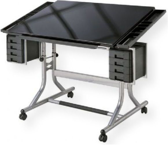 Alvin CM48GL CraftMaster II Deluxe Art and Drawing Glass Top Table; One-hand dual tilt mechanisms adjust work surface from 0 to 30 degrees; Height adjusts 27.75