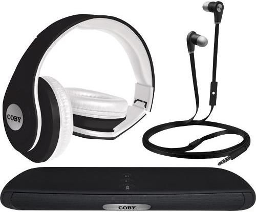 Coby CMB101BLK Audio Combo Pack (Bluetooth Speaker/Headphone/Earbud), Black; Wireless Bluetooth Capability With 33' Range; Frequency Response 90-20k Hz; Built-In Microphone; Fits With Most Smartphones, Tablets And Media Players; Foldable Design Over-The-Ear Headphones With One Sided Cable; UPC 812180024673 (CM-B101-BLK CMB-101BLK CMB101-BLK CMB101 CMB101BK)