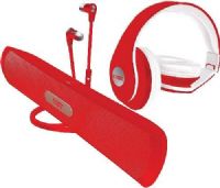 Coby CMB101RED Audio Combo Pack (Bluetooth Speaker/Headphone/Earbud), Red; Wireless Bluetooth Capability With 33' Range; Frequency Response 90-20k Hz; Built-In Microphone; Fits With Most Smartphones, Tablets And Media Players; Foldable Design Over-The-Ear Headphones With One Sided Cable; UPC 812180024666 (CM-B101-RED CMB-101RED CMB101-RED CMB101 CMB101RD) 