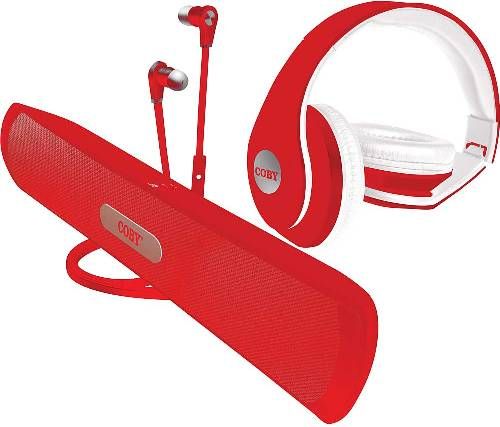Coby CMB101RED Audio Combo Pack (Bluetooth Speaker/Headphone/Earbud), Red; Wireless Bluetooth Capability With 33' Range; Frequency Response 90-20k Hz; Built-In Microphone; Fits With Most Smartphones, Tablets And Media Players; Foldable Design Over-The-Ear Headphones With One Sided Cable; UPC 812180024666 (CM-B101-RED CMB-101RED CMB101-RED CMB101 CMB101RD)