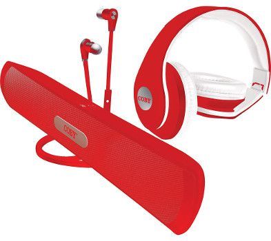Coby CMB-102-RED Model 3 in 1 Audio Combo Pack; This Coby 3-in-1 Audio Combo Pack includes Ultra Comfort Headphones, Advanced Audio Stereo Earbuds, and a Portable Bluetooth Speaker; Designed for smartphones, tablets and media players; UPC 812180027599 (CMB102RED CMB102-RED CMB-102RED CMB 102RED CMB102 RED CMB 102 RED)
