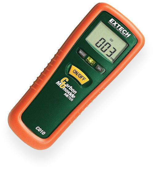 Extech CO10 Carbon Monoxide (CO) Meter; Ergonomic pocket size housing; One button operation; Easy to read 1999 count backlit displays CO levels from 0 to 1000ppm; Audible alarm starting at 35ppm with continuous beeping when above 200ppm; Backlight for low light conditions; Max Hold and Data hold buttons; Auto Power off; UPC: 793950500101 (EXTECHCO10 EXTECH CO10 MONOXIDE METER)