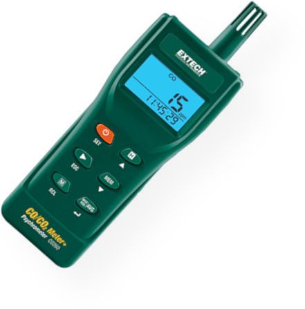 Extech CO260 Indoor Carbon Monoxide and Carbon Dioxide Datalogging Meter; Manually step through readings of CO, CO2, Dew Point, Wet Bulb, Air Temperature, and Relative Humidity on large backlit LCD with real time clock; Built-in maintenance free NDIR (non-dispersive infrared) CO2 sensor; Programmable CO warning level with audible alarm; UPC: 793950502600 (EXTECHCO260 EXTECH CO260 MONOXIDE METER)