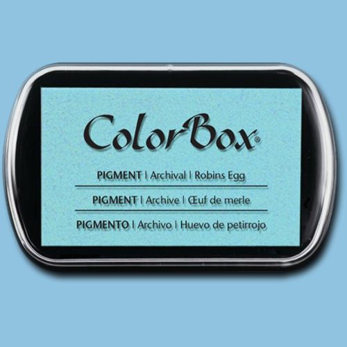 ColorBox 15075 Pigment Ink Stamp Pad, Robin's Egg; ColorBox inks are ideal for all papercraft projects, especially where direct-to-paper, embossing and resist techniques are used; They're unsurpassed for stamping or color blending on absorbent papers where sharp detail and archival quality are desired; UPC 746604150757 (COLORBOX15075 COLORBOX 15075 CS15075 ALVIN STAMP PAD ROBINS EGG)