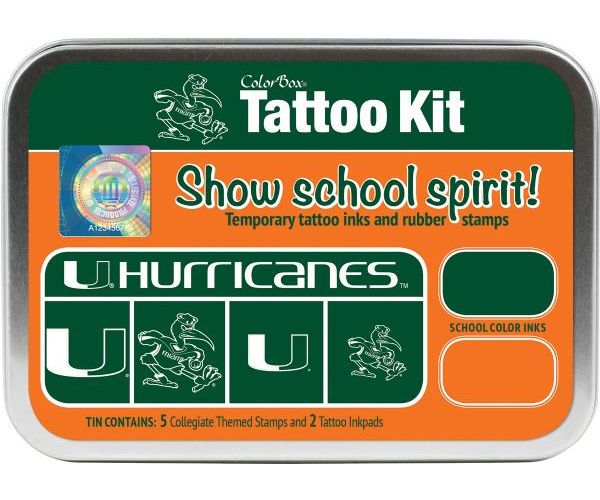 ColorBox CS19611 University of Miami Collegiate Tattoo Kit, Each tin contains five rubber stamps and two temporary tattoo inkpads themed to match the school's identity, Overall tin size is approximately 4