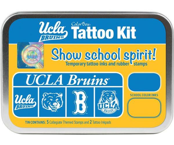 ColorBox CS19617 University of California, Los Angeles Collegiate Tattoo Kit; Each tin contains five rubber stamps and two temporary tattoo inkpads themed to match the school's identity, Overall tin size is approximately 4