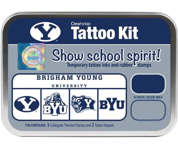 ColorBox CS19621 Brigham Young University Collegiate Tattoo Kit, Each tin contains five rubber stamps and two temporary tattoo inkpads themed to match the school's identity, Overall tin size is approximately 4