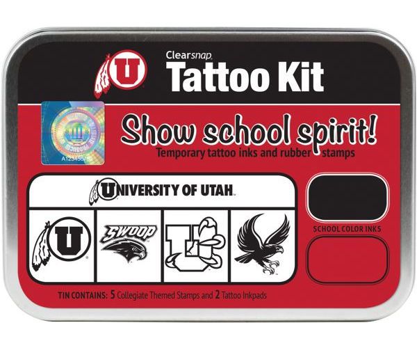 ColorBox CS19626 University of Utah Collegiate Tattoo Kit, Each tin contains five rubber stamps and two temporary tattoo inkpads themed to match the school's identity, Overall tin size is approximately 4