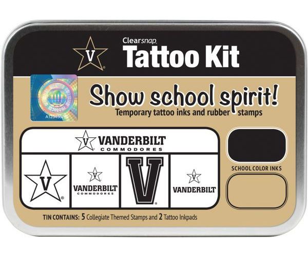ColorBox CS19627 Vanderbilt University Collegiate Tattoo Kit, Each tin contains five rubber stamps and two temporary tattoo inkpads themed to match the school's identity, Overall tin size is approximately 4