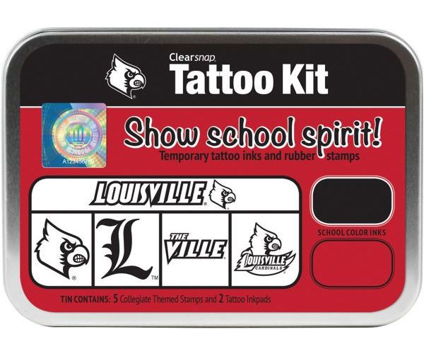 ColorBox CS19630 University of Louisville Collegiate Tattoo Kit, Each tin contains five rubber stamps and two temporary tattoo inkpads themed to match the school's identity, Overall tin size is approximately 4