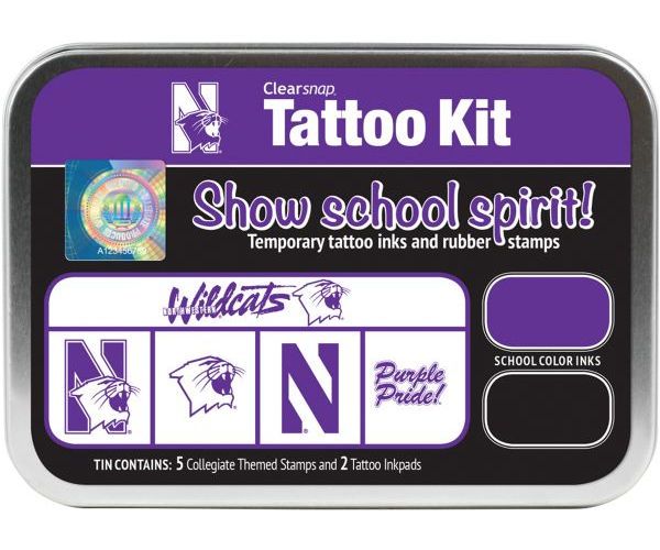 ColorBox CS19633 Northwestern University Collegiate Tattoo Kit, Each tin contains five rubber stamps and two temporary tattoo inkpads themed to match the school's identity, Overall tin size is approximately 4