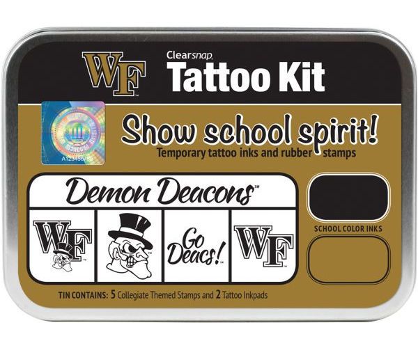 ColorBox CS19635 Wake Forest University Collegiate Tattoo Kit, Each tin contains five rubber stamps and two temporary tattoo inkpads themed to match the school's identity, Overall tin size is approximately 4