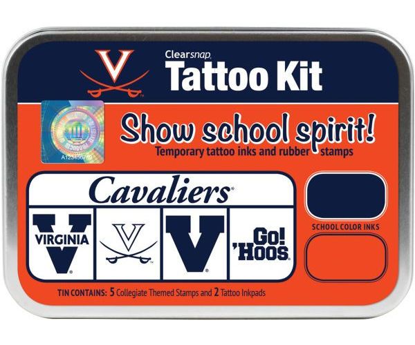 ColorBox CS19637 University of Virginia Collegiate Tattoo Kit, Each tin contains five rubber stamps and two temporary tattoo inkpads themed to match the school's identity, Overall tin size is approximately 4