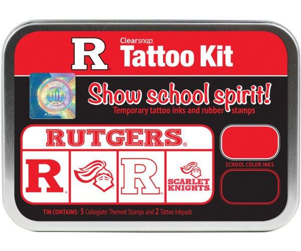 ColorBox CS19638 Rutgers University Collegiate Tattoo Kit, Each tin contains five rubber stamps and two temporary tattoo inkpads themed to match the school's identity, Overall tin size is approximately 4